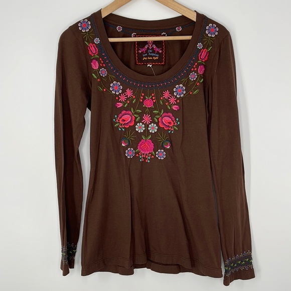 JOHNNY WAS brown floral embroidered long sleeve size medium 100% cotton shirt